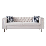 Beige Linen": Highlights the material and color, which are important for matching with decor. "Modern Sofa": Specifies the style, appealing to those looking for modern furniture. "84" Square Arm Couch": Provides exact size and design, important for those with space considerations. "Contemporary Living Spaces": Suggests the product's ideal placement, appealing to those updating their living room.