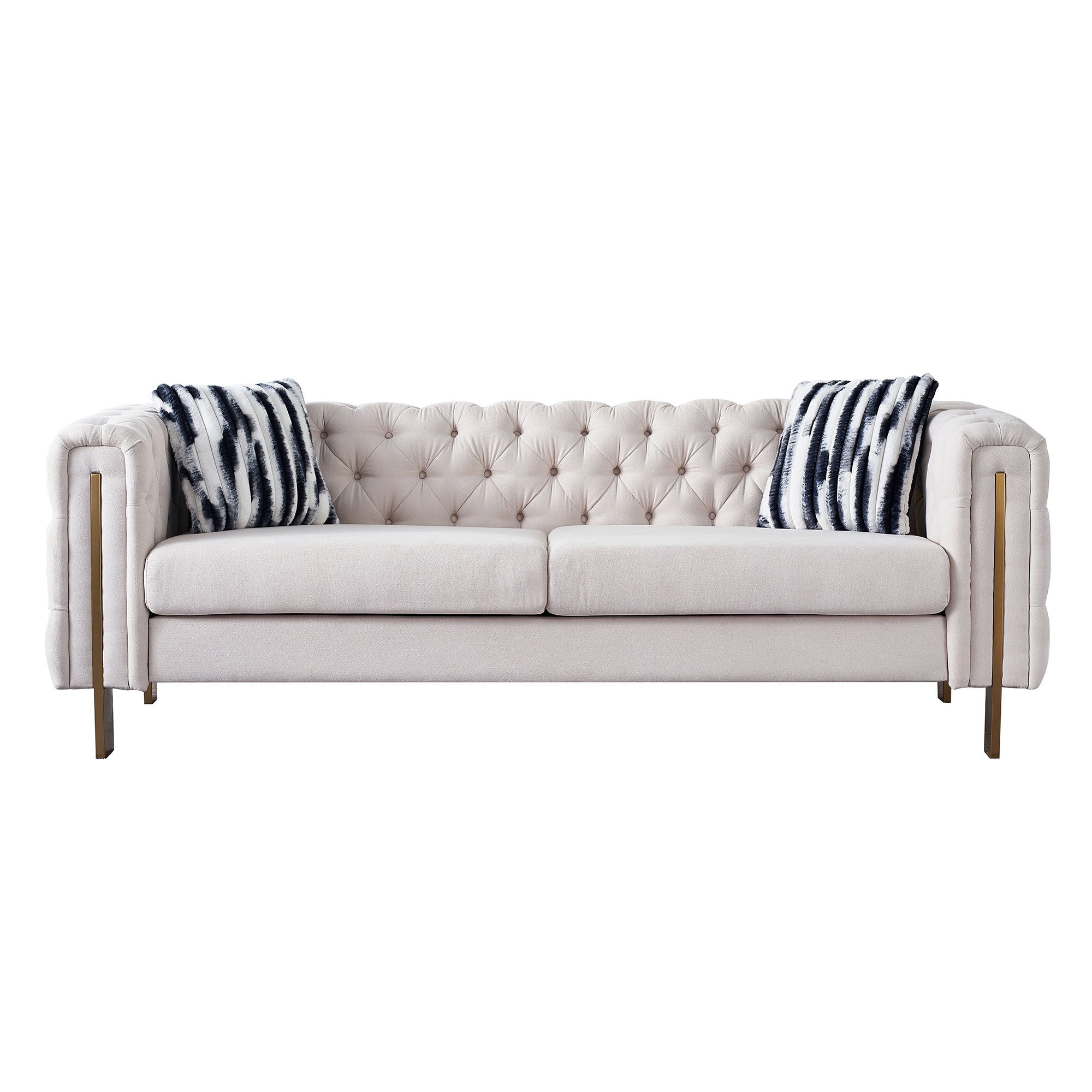 Beige Linen": Highlights the material and color, which are important for matching with decor. "Modern Sofa": Specifies the style, appealing to those looking for modern furniture. "84" Square Arm Couch": Provides exact size and design, important for those with space considerations. "Contemporary Living Spaces": Suggests the product's ideal placement, appealing to those updating their living room.