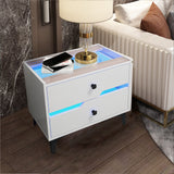 White High-Gloss Smart Bedside Table with LED Lighting & Dual Storage Drawers - Modern Wooden End Table for Bedroom Elegance & Functionality