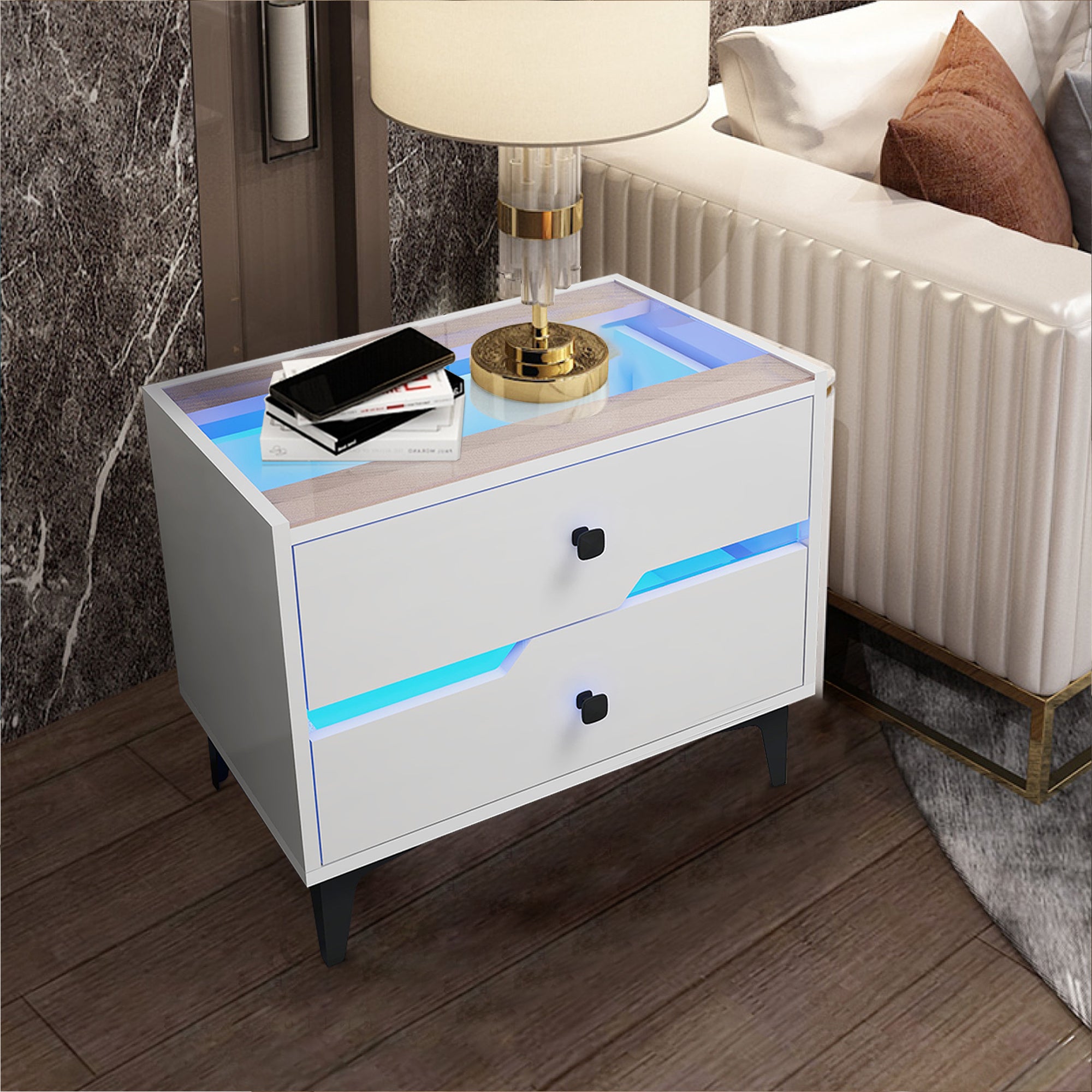 White High-Gloss Smart Bedside Table with LED Lighting & Dual Storage Drawers - Modern Wooden End Table for Bedroom Elegance & Functionality