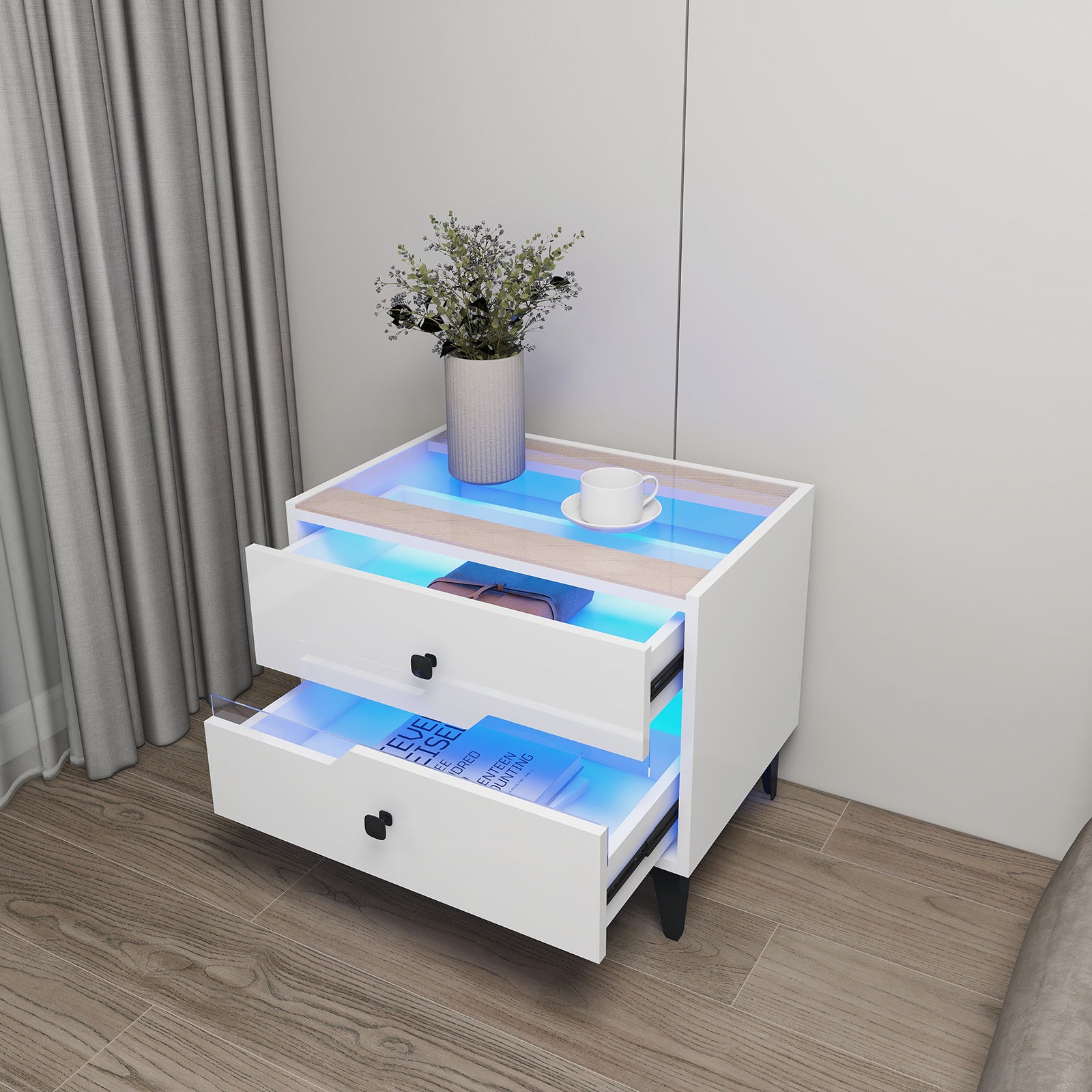 White High-Gloss Smart Bedside Table with LED Lighting & Dual Storage Drawers - Modern Wooden End Table for Bedroom Elegance & Functionality