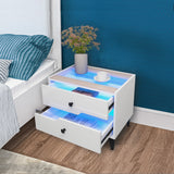 White High-Gloss Smart Bedside Table with LED Lighting & Dual Storage Drawers - Modern Wooden End Table for Bedroom Elegance & Functionality