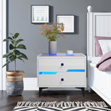 White High-Gloss Smart Bedside Table with LED Lighting & Dual Storage Drawers - Modern Wooden End Table for Bedroom Elegance & Functionality