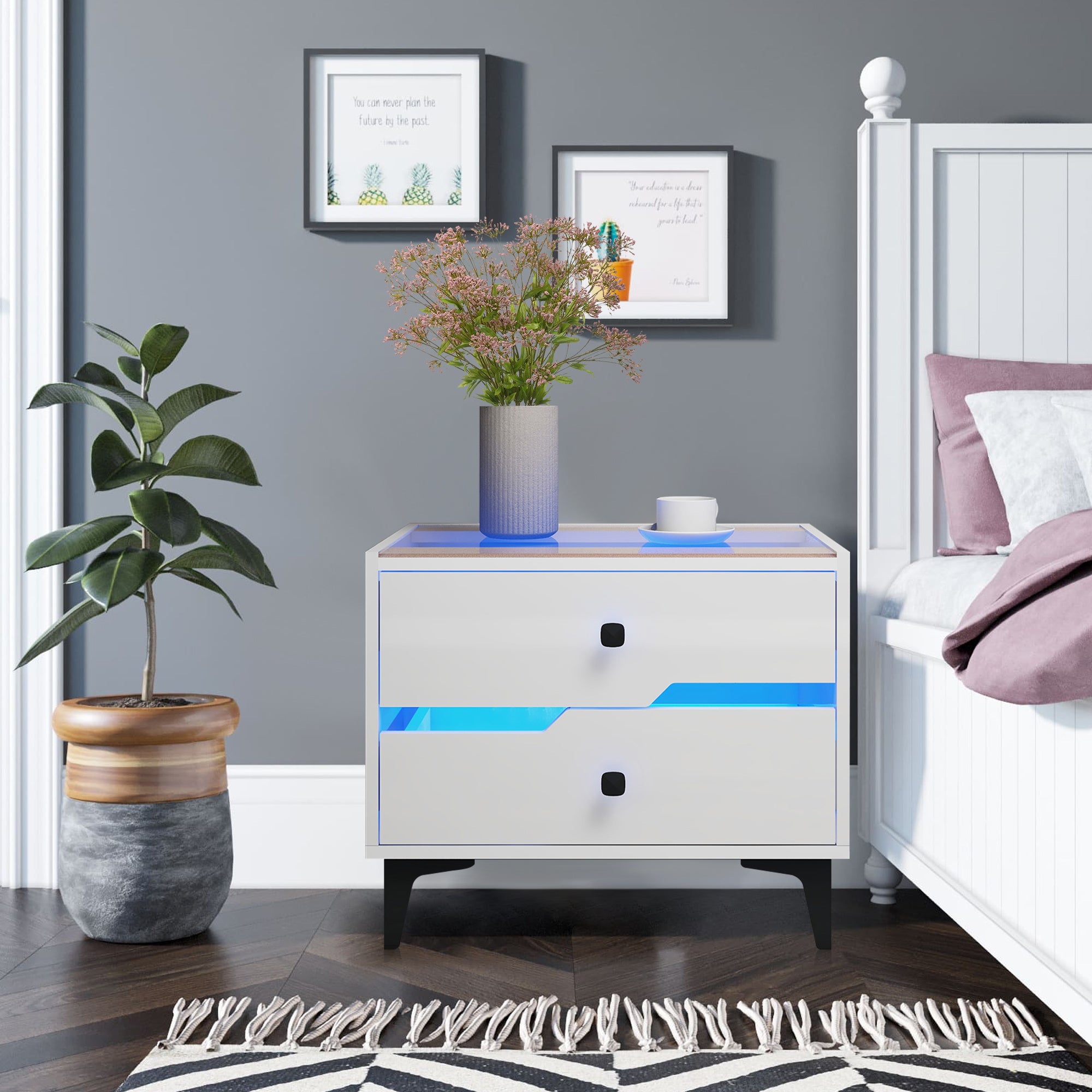 White High-Gloss Smart Bedside Table with LED Lighting & Dual Storage Drawers - Modern Wooden End Table for Bedroom Elegance & Functionality