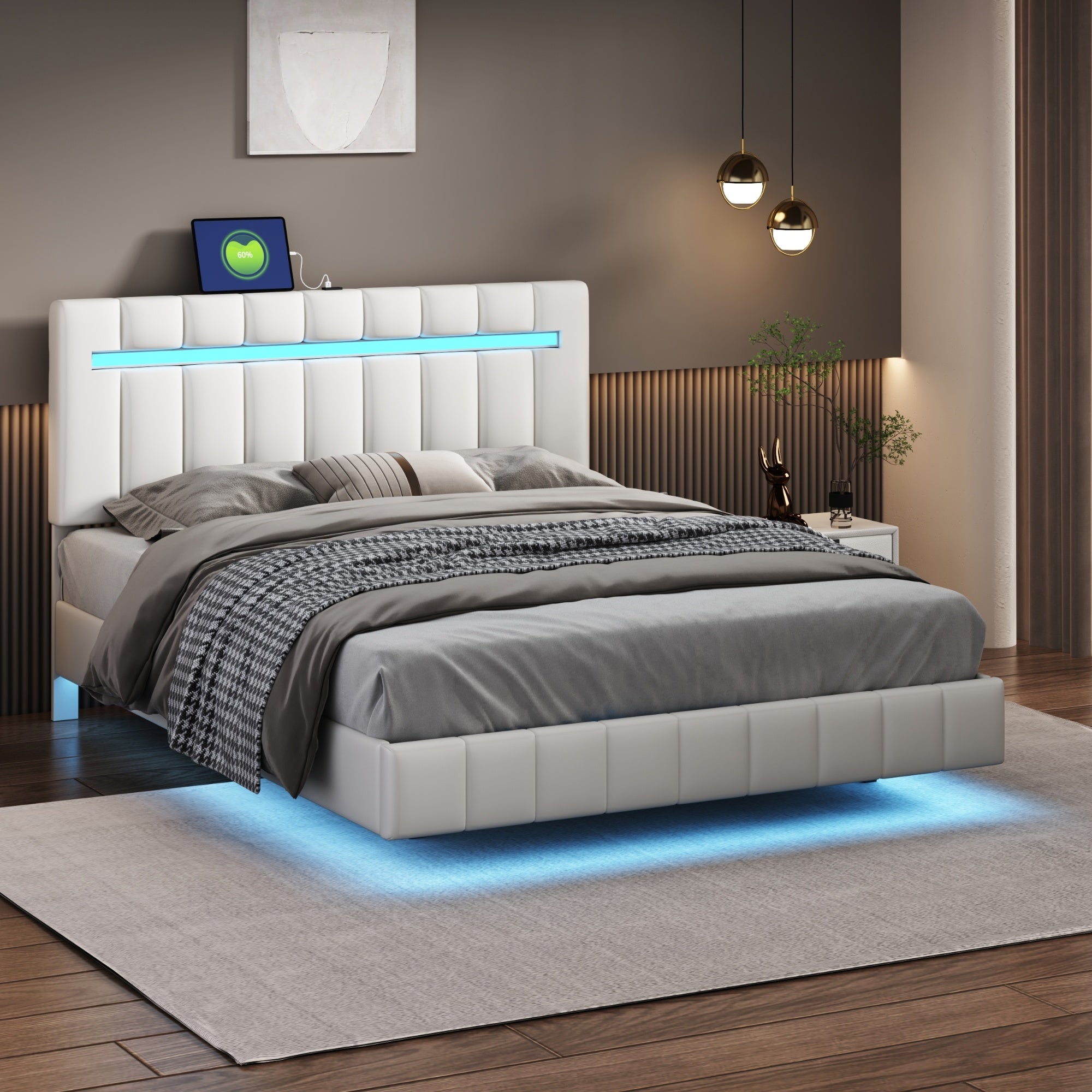 Modern Queen Floating Bed with LED & USB - Elevate Your Bedroom" "Illuminated Queen Platform Bed - Floating Design with USB Ports" "Sleek Queen LED Bed Frame - USB Charging for Modern Living"
