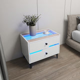 White High-Gloss Smart Bedside Table with LED Lighting & Dual Storage Drawers - Modern Wooden End Table for Bedroom Elegance & Functionality