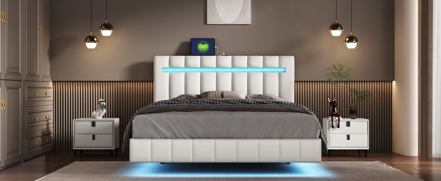 Modern Queen Floating Bed with LED & USB - Elevate Your Bedroom" "Illuminated Queen Platform Bed - Floating Design with USB Ports" "Sleek Queen LED Bed Frame - USB Charging for Modern Living"