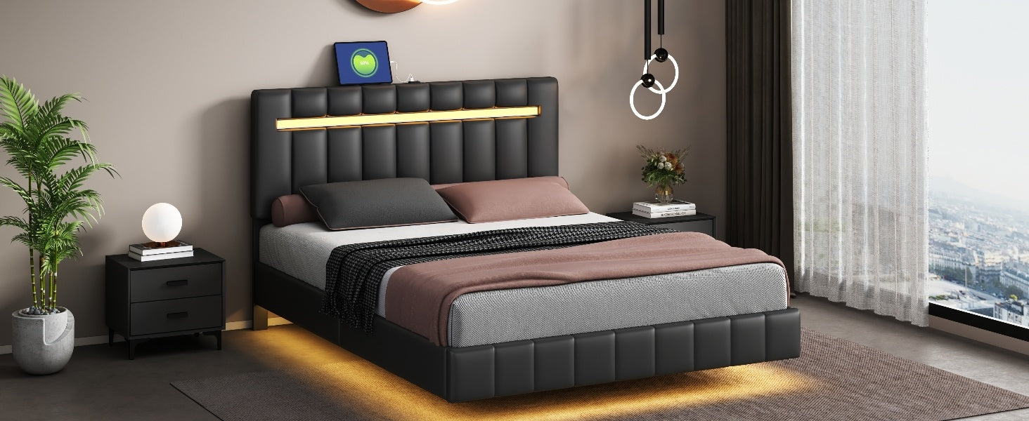 Modern Queen Floating Bed with LED & USB - Elevate Your Bedroom" "Illuminated Queen Platform Bed - Floating Design with USB Ports" "Sleek Queen LED Bed Frame - USB Charging for Modern Living"