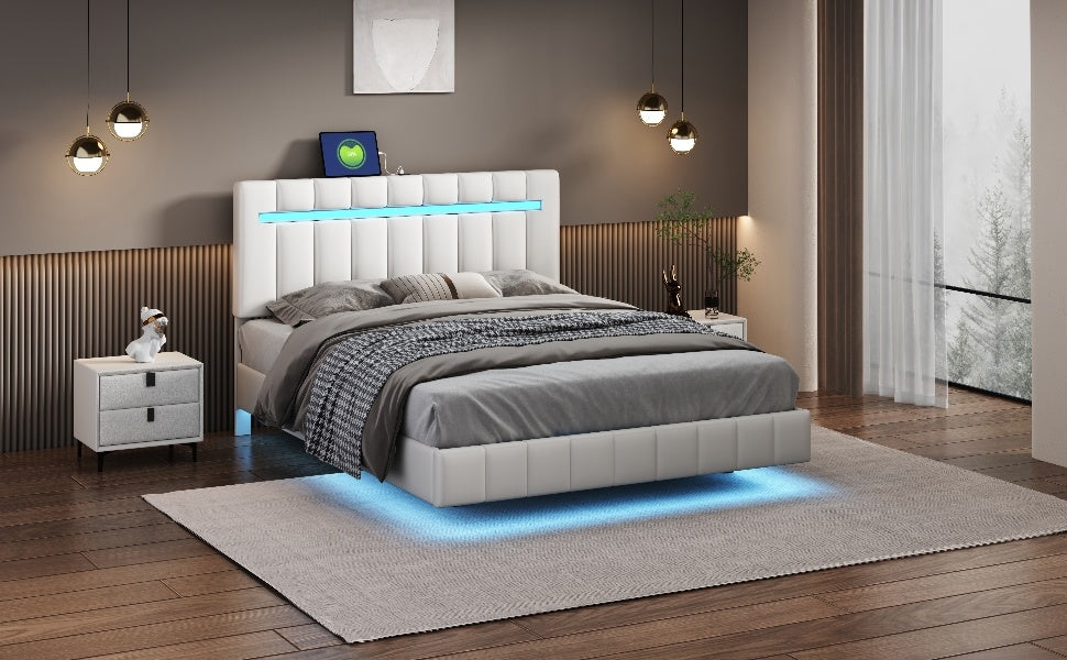  Modern Queen Floating Bed with LED & USB - Elevate Your Bedroom" "Illuminated Queen Platform Bed - Floating Design with USB Ports" "Sleek Queen LED Bed Frame - USB Charging for Modern Living"