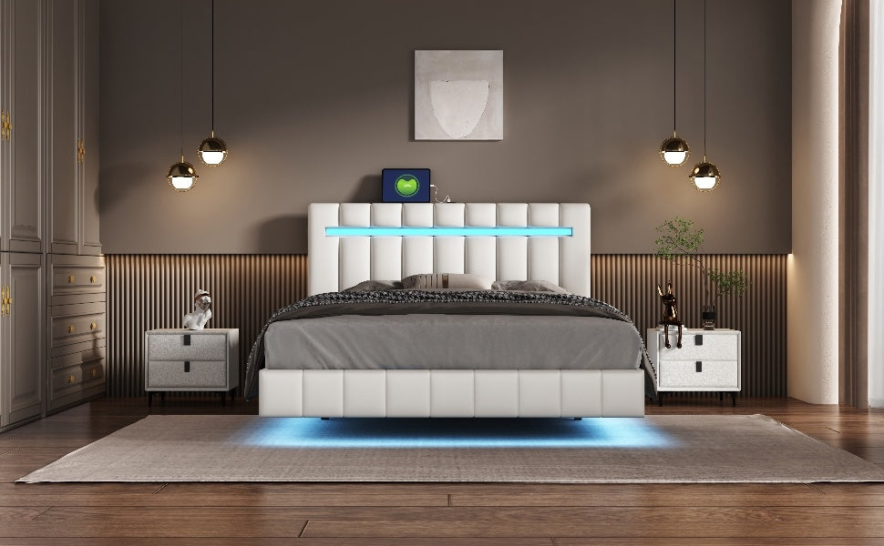 Modern Queen Floating Bed with LED & USB - Elevate Your Bedroom" "Illuminated Queen Platform Bed - Floating Design with USB Ports" "Sleek Queen LED Bed Frame - USB Charging for Modern Living"