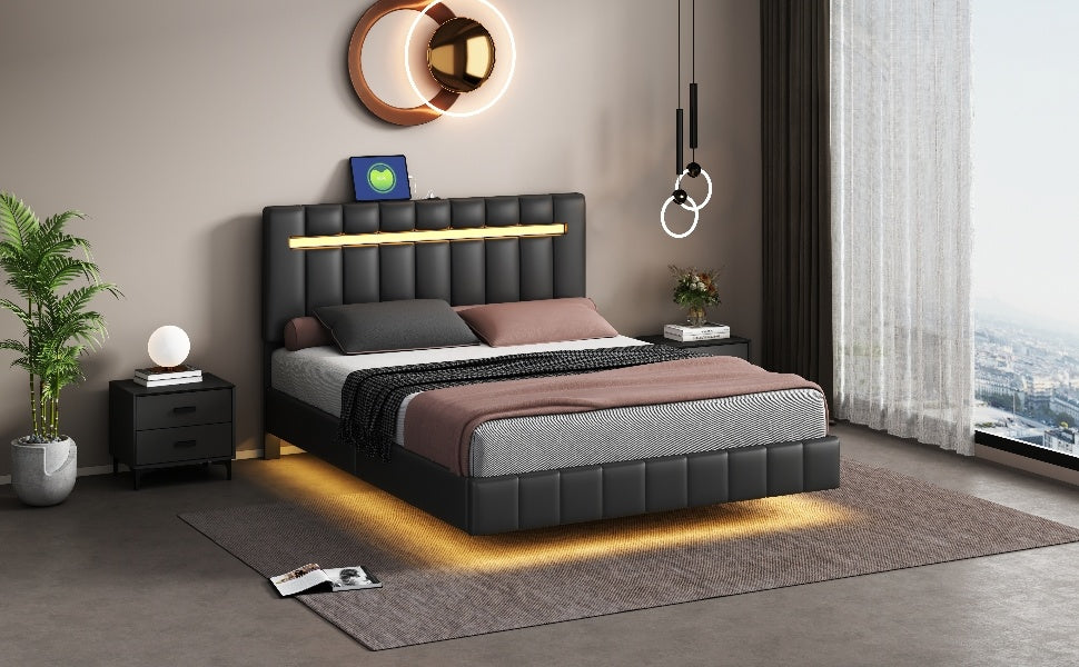 Modern Queen Floating Bed with LED & USB - Elevate Your Bedroom" "Illuminated Queen Platform Bed - Floating Design with USB Ports" "Sleek Queen LED Bed Frame - USB Charging for Modern Living"