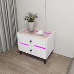 White High-Gloss Smart Bedside Table with LED Lighting & Dual Storage Drawers - Modern Wooden End Table for Bedroom Elegance & Functionality