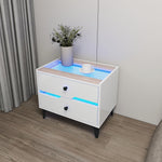 White High-Gloss Smart Bedside Table with LED Lighting & Dual Storage Drawers - Modern Wooden End Table for Bedroom Elegance & Functionality