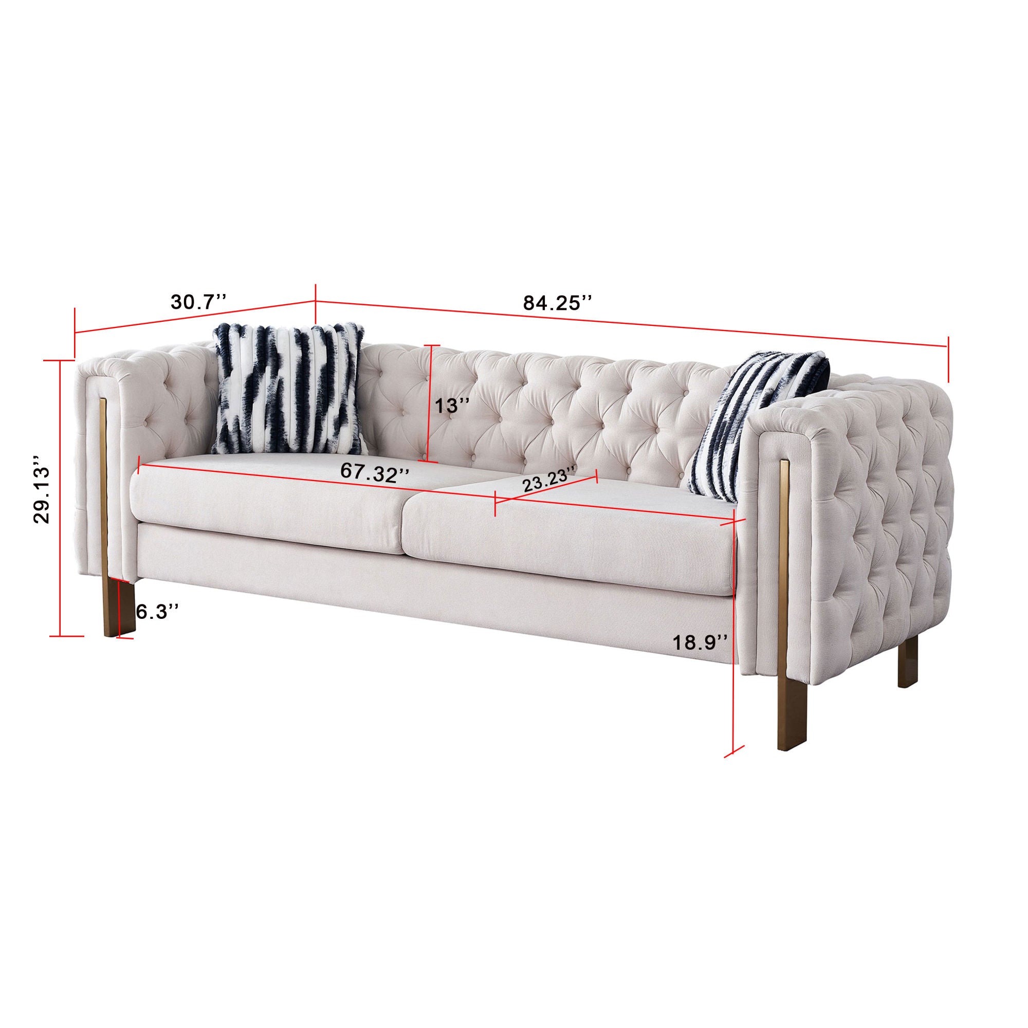 Beige Linen": Highlights the material and color, which are important for matching with decor. "Modern Sofa": Specifies the style, appealing to those looking for modern furniture. "84" Square Arm Couch": Provides exact size and design, important for those with space considerations. "Contemporary Living Spaces": Suggests the product's ideal placement, appealing to those updating their living room.