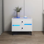 White High-Gloss Smart Bedside Table with LED Lighting & Dual Storage Drawers - Modern Wooden End Table for Bedroom Elegance & Functionality