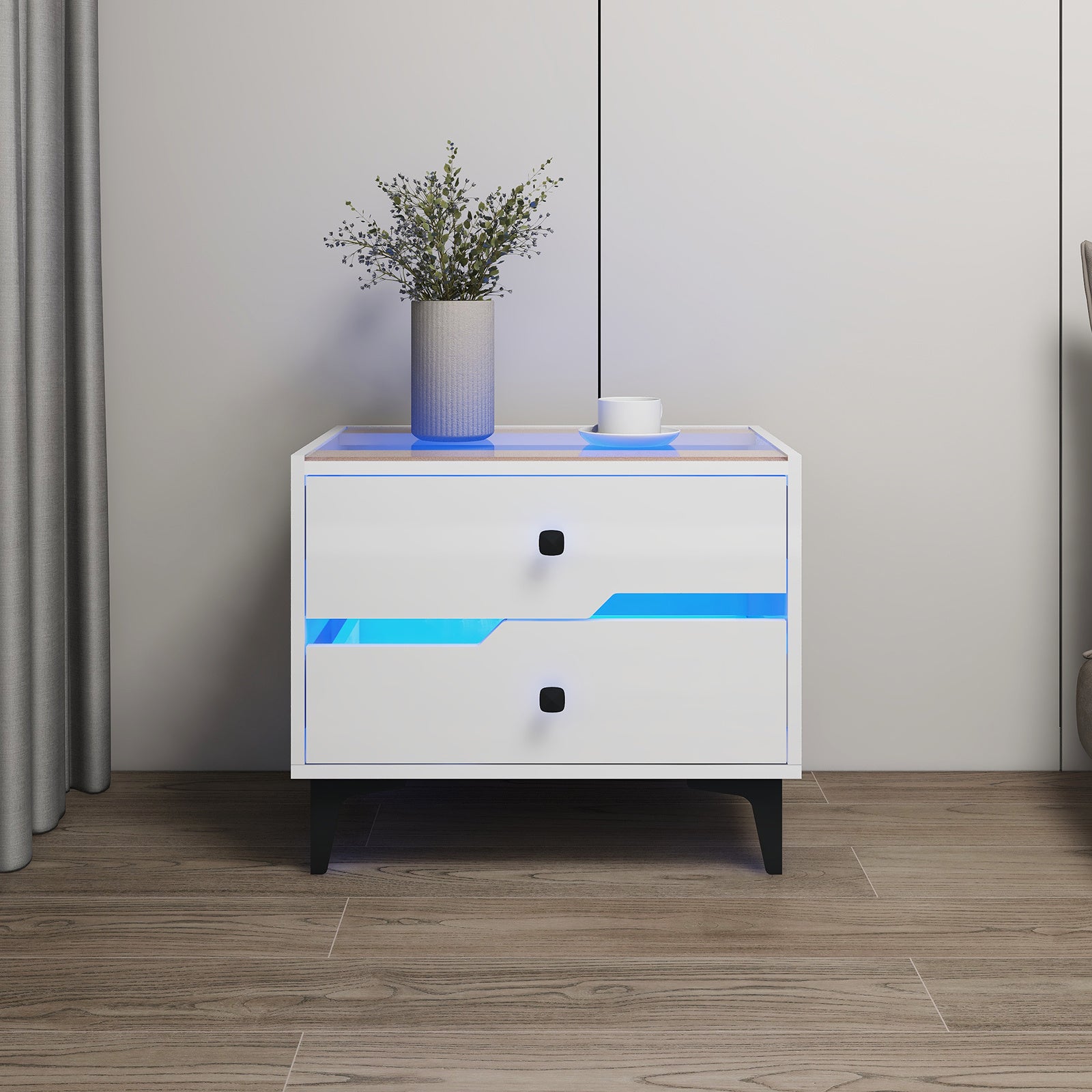 White High-Gloss Smart Bedside Table with LED Lighting & Dual Storage Drawers - Modern Wooden End Table for Bedroom Elegance & Functionality