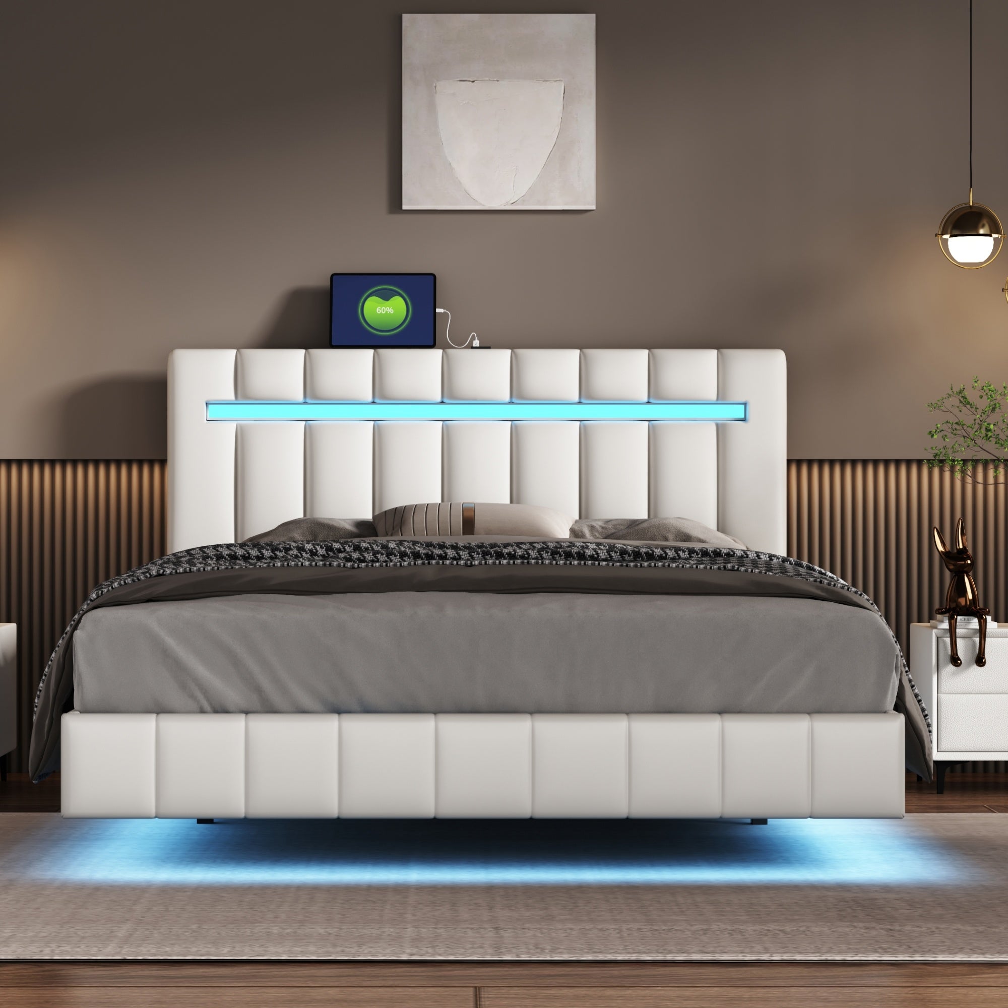 Modern Queen Floating Bed with LED & USB - Elevate Your Bedroom" "Illuminated Queen Platform Bed - Floating Design with USB Ports" "Sleek Queen LED Bed Frame - USB Charging for Modern Living"