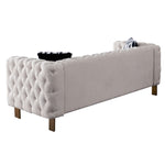 Beige Linen": Highlights the material and color, which are important for matching with decor. "Modern Sofa": Specifies the style, appealing to those looking for modern furniture. "84" Square Arm Couch": Provides exact size and design, important for those with space considerations. "Contemporary Living Spaces": Suggests the product's ideal placement, appealing to those updating their living room.