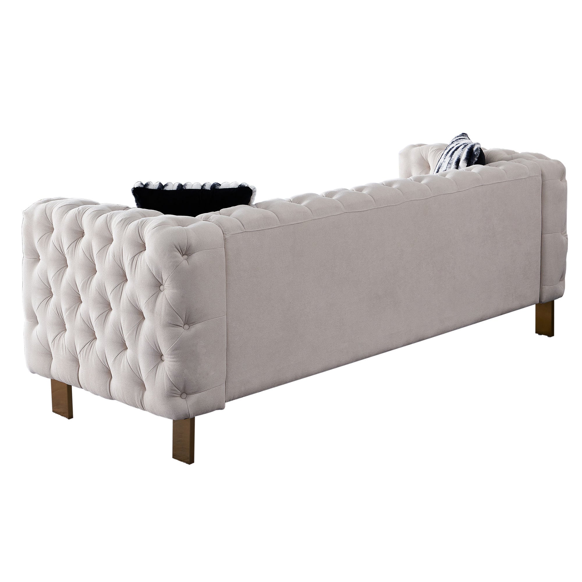Beige Linen": Highlights the material and color, which are important for matching with decor. "Modern Sofa": Specifies the style, appealing to those looking for modern furniture. "84" Square Arm Couch": Provides exact size and design, important for those with space considerations. "Contemporary Living Spaces": Suggests the product's ideal placement, appealing to those updating their living room.