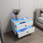 White High-Gloss Smart Bedside Table with LED Lighting & Dual Storage Drawers - Modern Wooden End Table for Bedroom Elegance & Functionality