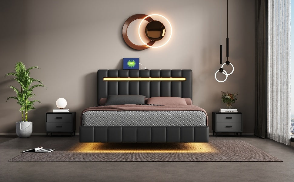 Modern Queen Floating Bed with LED & USB - Elevate Your Bedroom" "Illuminated Queen Platform Bed - Floating Design with USB Ports" "Sleek Queen LED Bed Frame - USB Charging for Modern Living"