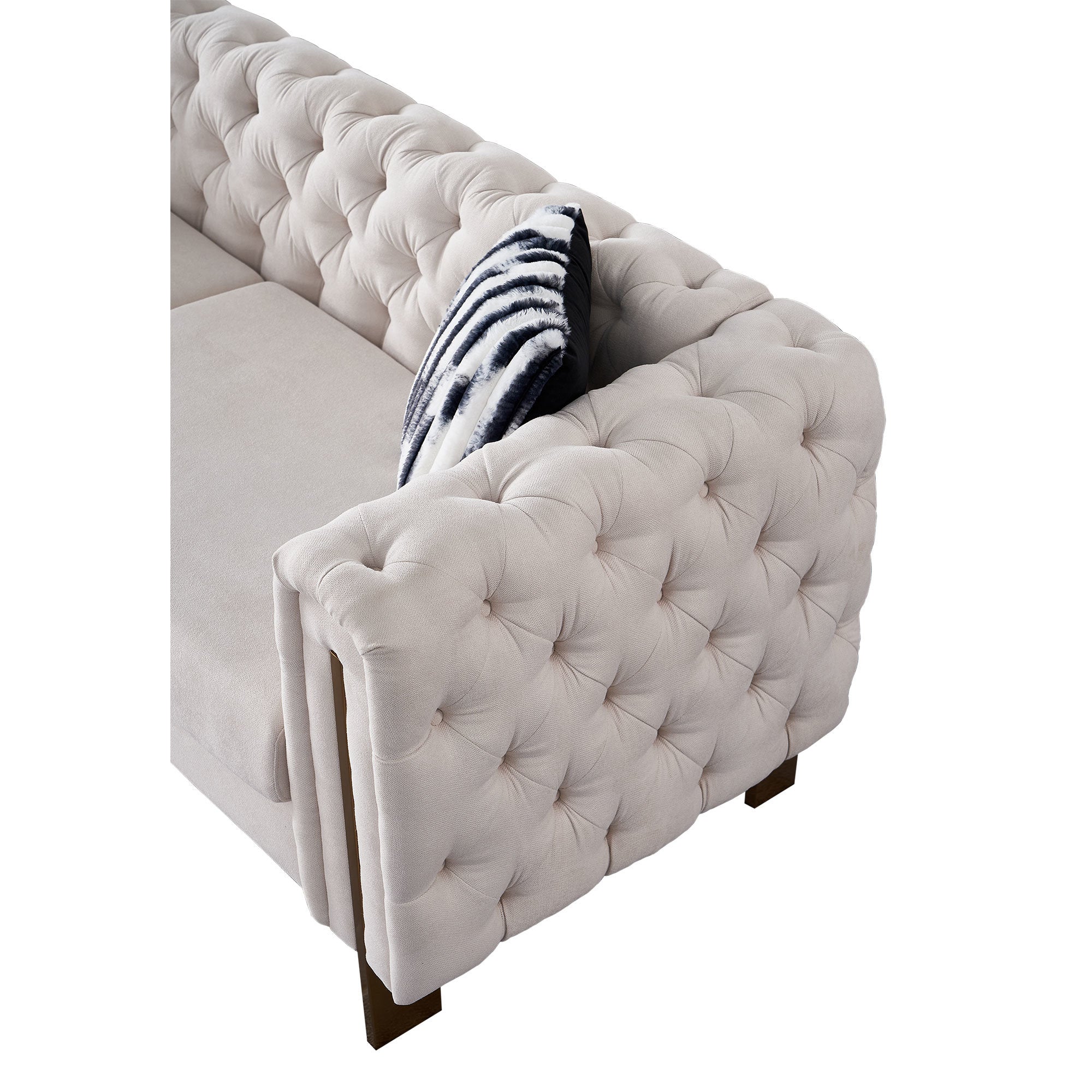Beige Linen": Highlights the material and color, which are important for matching with decor. "Modern Sofa": Specifies the style, appealing to those looking for modern furniture. "84" Square Arm Couch": Provides exact size and design, important for those with space considerations. "Contemporary Living Spaces": Suggests the product's ideal placement, appealing to those updating their living room.