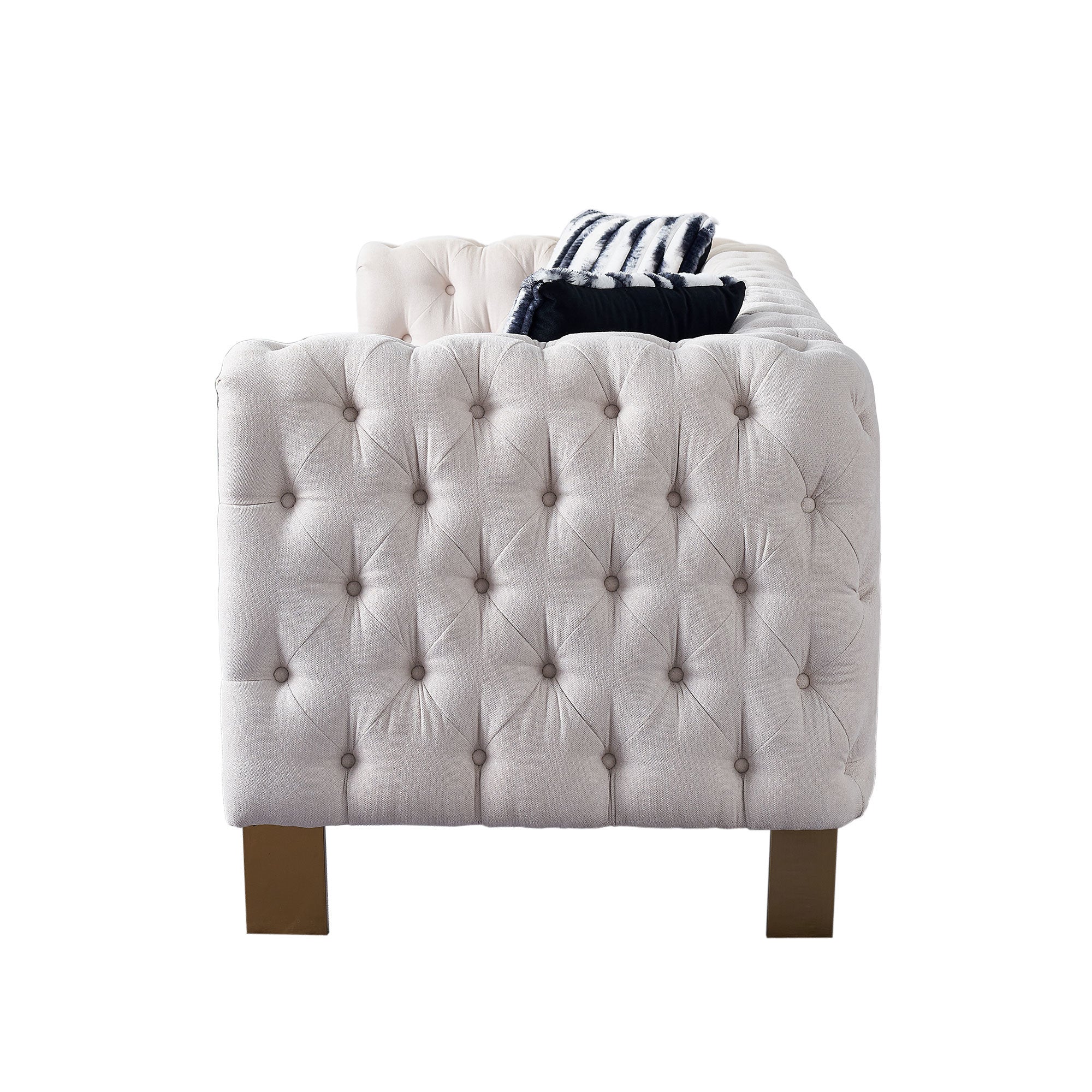 Beige Linen": Highlights the material and color, which are important for matching with decor. "Modern Sofa": Specifies the style, appealing to those looking for modern furniture. "84" Square Arm Couch": Provides exact size and design, important for those with space considerations. "Contemporary Living Spaces": Suggests the product's ideal placement, appealing to those updating their living room.
