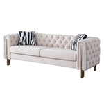 Beige Linen": Highlights the material and color, which are important for matching with decor. "Modern Sofa": Specifies the style, appealing to those looking for modern furniture. "84" Square Arm Couch": Provides exact size and design, important for those with space considerations. "Contemporary Living Spaces": Suggests the product's ideal placement, appealing to those updating their living room.