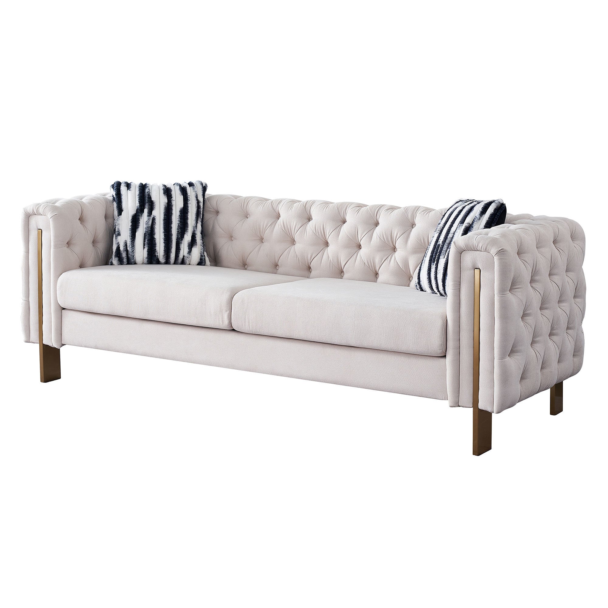 Beige Linen": Highlights the material and color, which are important for matching with decor. "Modern Sofa": Specifies the style, appealing to those looking for modern furniture. "84" Square Arm Couch": Provides exact size and design, important for those with space considerations. "Contemporary Living Spaces": Suggests the product's ideal placement, appealing to those updating their living room.