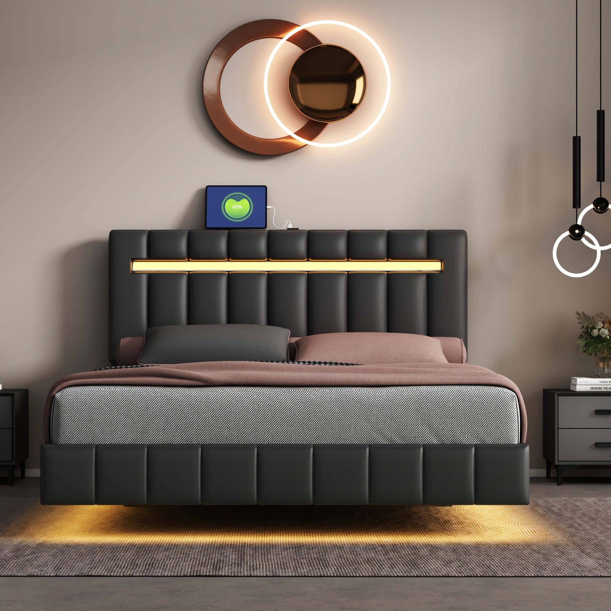 Modern Queen Floating Bed with LED & USB - Elevate Your Bedroom" "Illuminated Queen Platform Bed - Floating Design with USB Ports" "Sleek Queen LED Bed Frame - USB Charging for Modern Living"