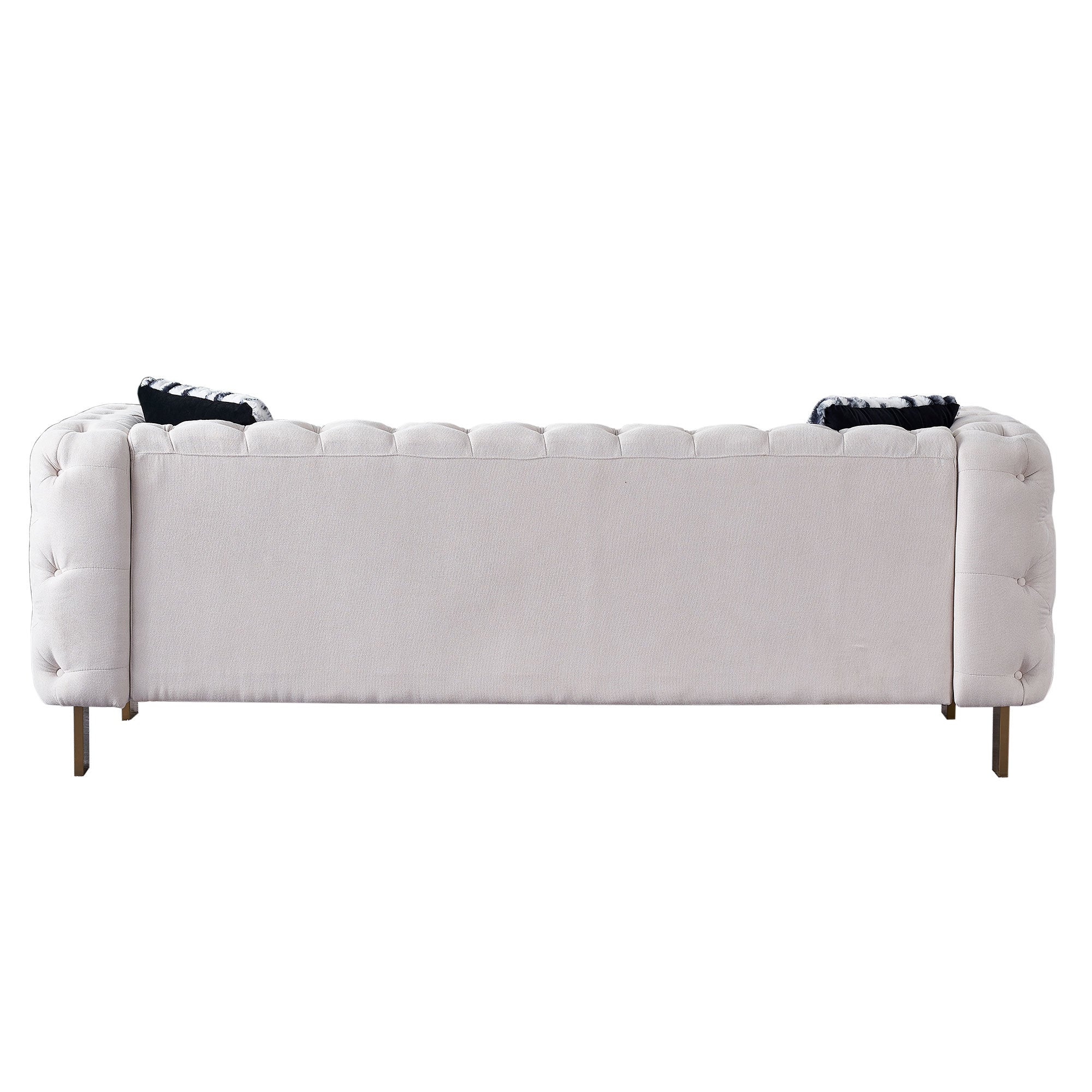 Beige Linen": Highlights the material and color, which are important for matching with decor. "Modern Sofa": Specifies the style, appealing to those looking for modern furniture. "84" Square Arm Couch": Provides exact size and design, important for those with space considerations. "Contemporary Living Spaces": Suggests the product's ideal placement, appealing to those updating their living room.