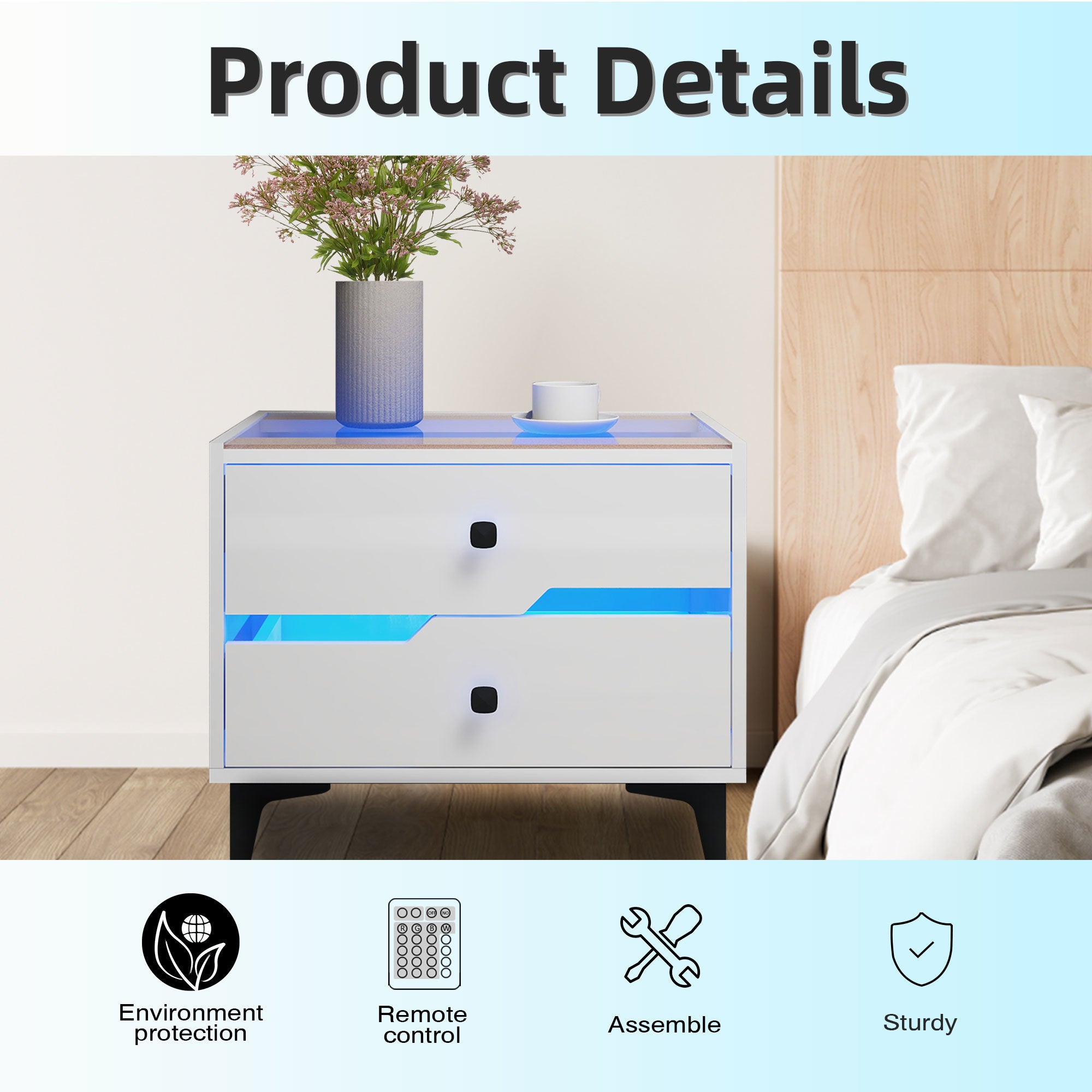White High-Gloss Smart Bedside Table with LED Lighting & Dual Storage Drawers - Modern Wooden End Table for Bedroom Elegance & Functionality