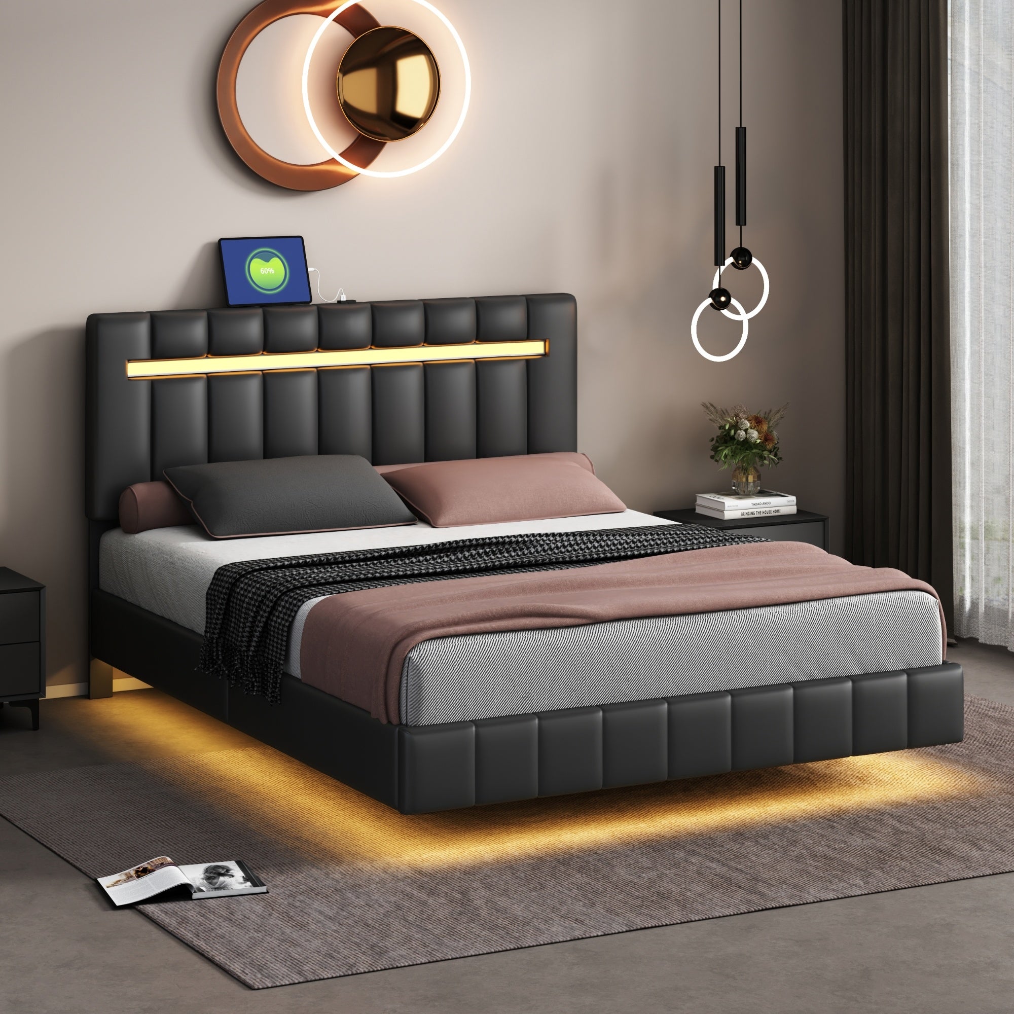 Modern Queen Floating Bed with LED & USB - Elevate Your Bedroom" "Illuminated Queen Platform Bed - Floating Design with USB Ports" "Sleek Queen LED Bed Frame - USB Charging for Modern Living"