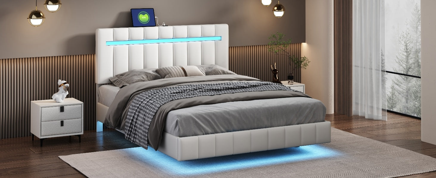 Modern Queen Floating Bed with LED & USB - Elevate Your Bedroom" "Illuminated Queen Platform Bed - Floating Design with USB Ports" "Sleek Queen LED Bed Frame - USB Charging for Modern Living"
