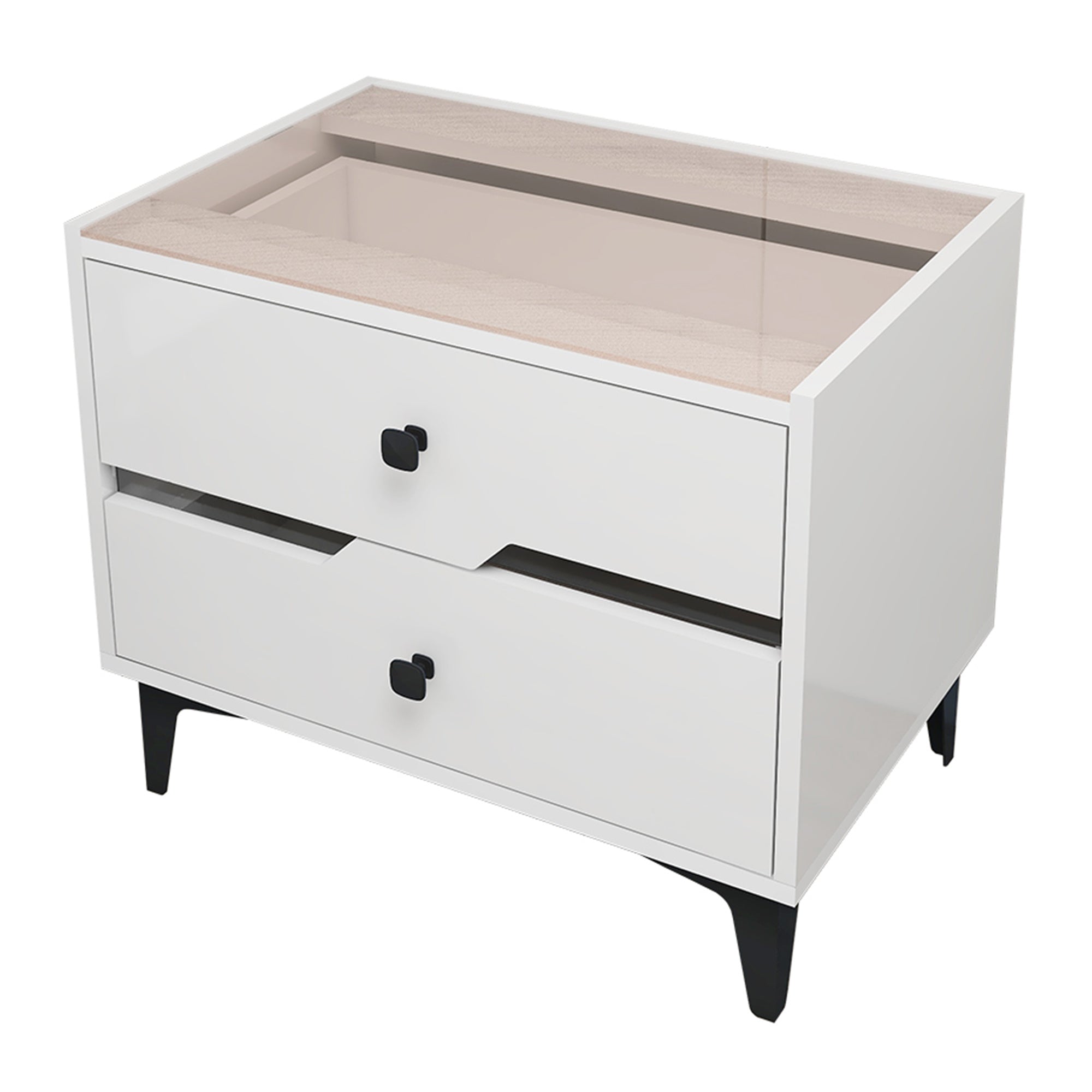 White High-Gloss Smart Bedside Table with LED Lighting & Dual Storage Drawers - Modern Wooden End Table for Bedroom Elegance & Functionality